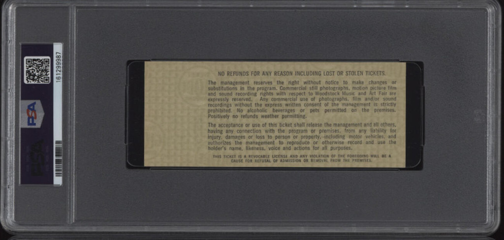 Woodstock Music Art Fair Saturday UNUSED Full Ticket 8-16-1969 Green PSA 9 MINT