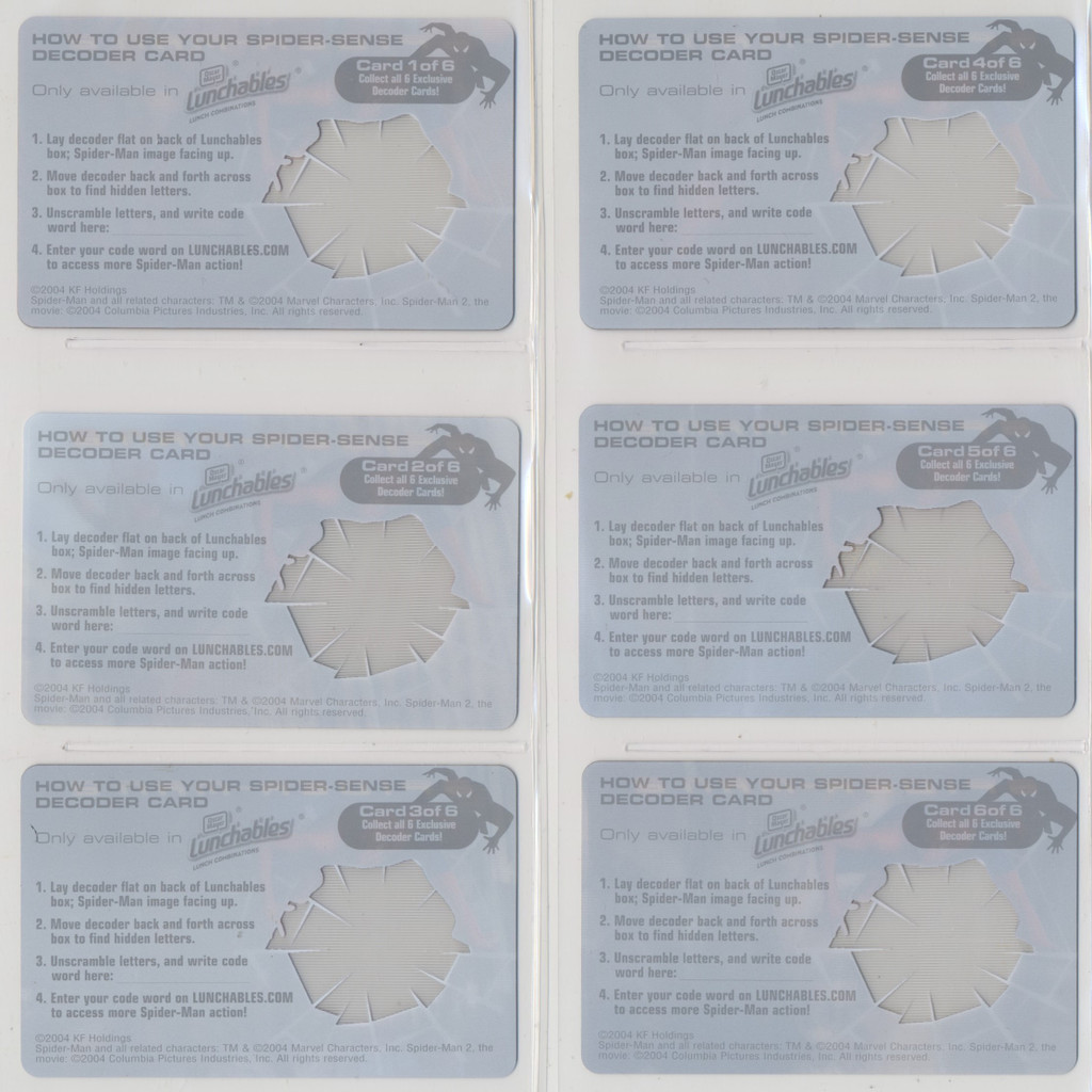 2004 Spider-Man 2 Lunchables Spider-Sense Decoder Cards (Complete set of 6)  #*sku37425
