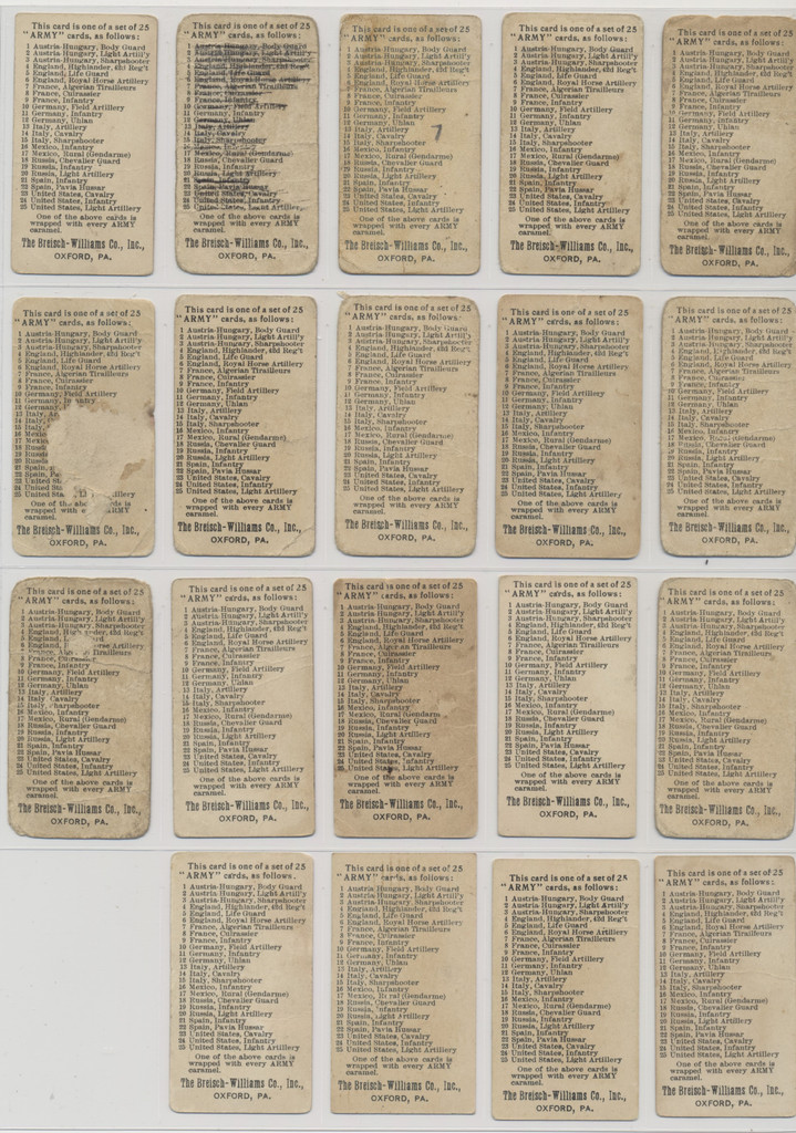 1910 E1 The Breisch-William Co. Inc  Army Cards Partial Set 19/25  #*sku37429