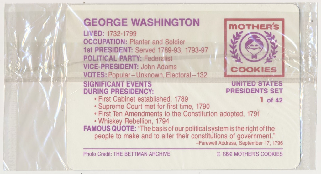 1992 Mother's Cookies #1 George Washington in Original Packaging  #*sku37488