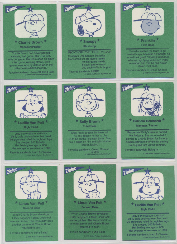 circ. 1990's Ziploc Peanuts All-Stars 7/9 different with 4 duplicates (Lot of 11 cards)  #*sku37556