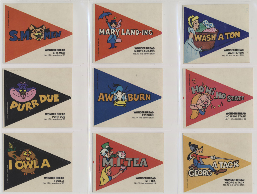 1976 Disney Crazy College Pennants Stickers from Wonder Bread  Lot of 24/25 plus a "marked" checklist  #*sku37560