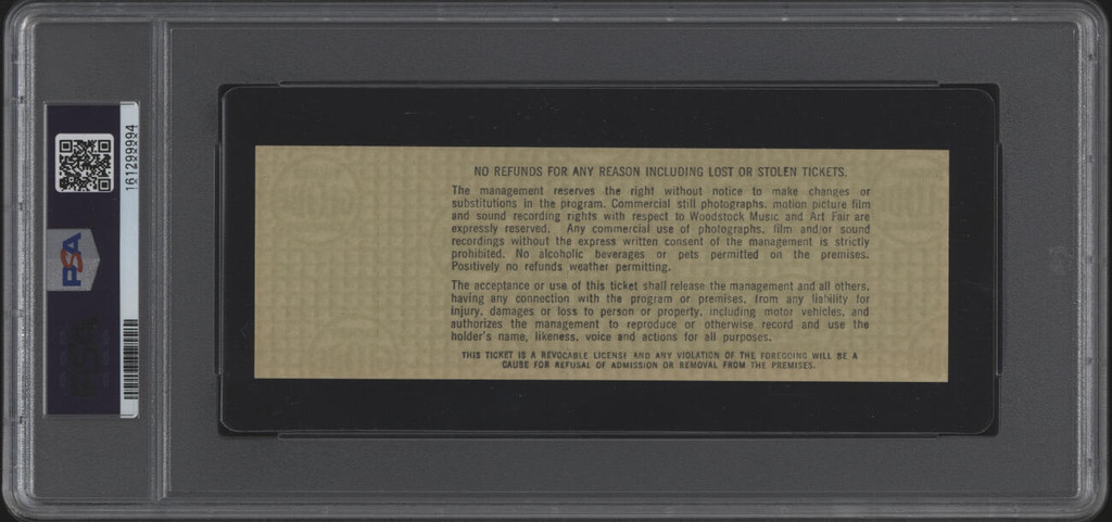 Woodstock Music Art Fair UNUSED 3 Day $18 Full Ticket 8 15-17 1969 PSA 9 MINT ID: 524564