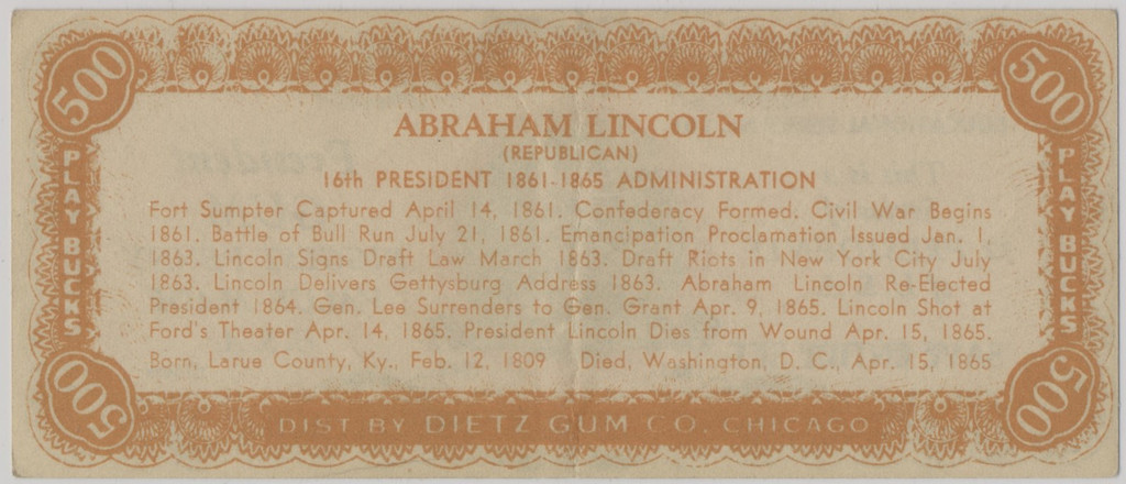 1937 Diets Gum Inc. R118 Presidents Play Bucks Note $500 Abraham Lincoln    #*sku37609