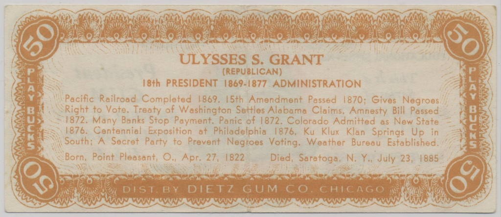 1937 Diets Gum Inc. R118 Presidents Play Bucks Note $50 Ulysses S. Grant   #*sku37610