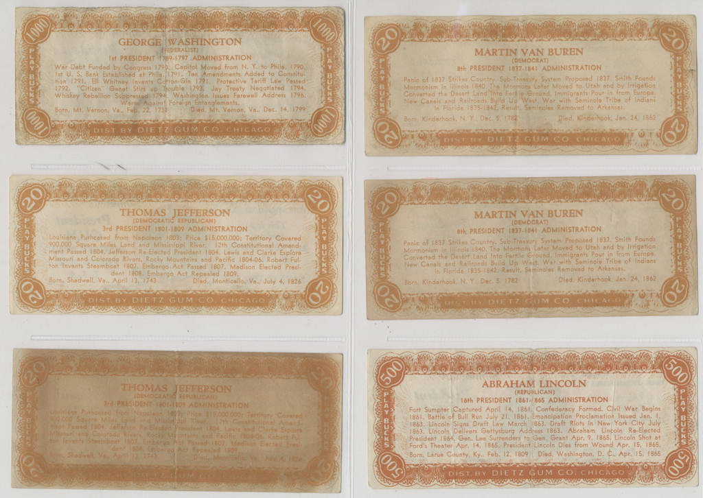 1937 Diets Gum Inc. R118 US Presidents Play Bucks Notes  Lot of 13  #*sku37613