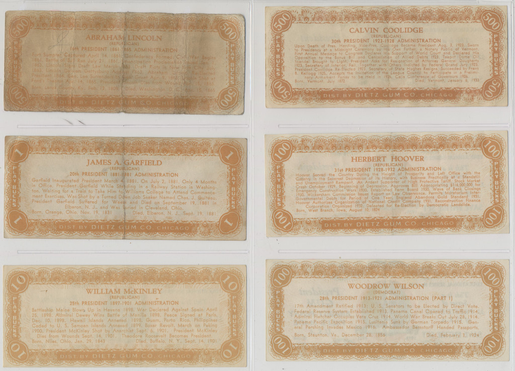1937 Diets Gum Inc. R118 US Presidents Play Bucks Notes  Lot of 13  #*sku37613