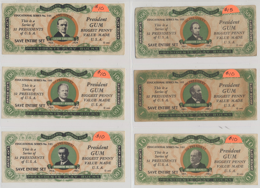 1937 Diets Gum Inc. R118 US Presidents Play Bucks Notes  Lot of 13  #*sku37613