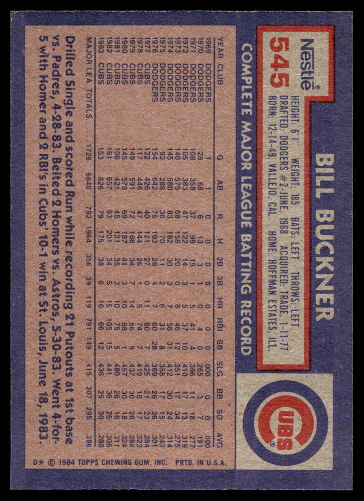 1984 Topps Nestle #545 Bill Buckner Near Mint+ 