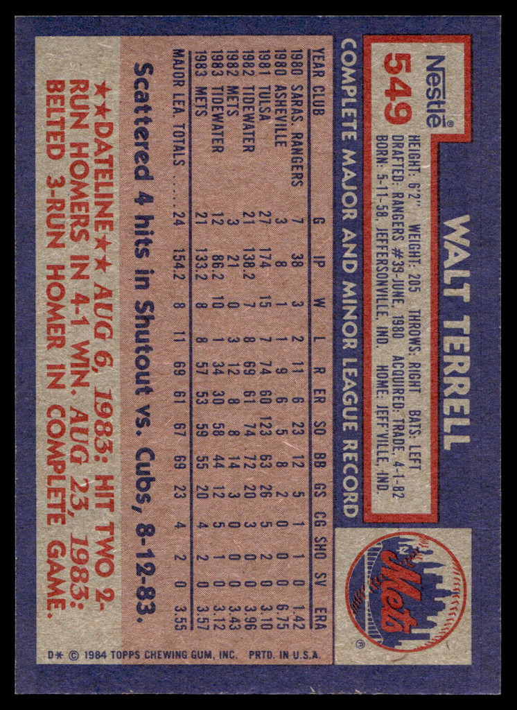 1984 Topps Nestle #549 Walt Terrell Near Mint+ RC Rookie 
