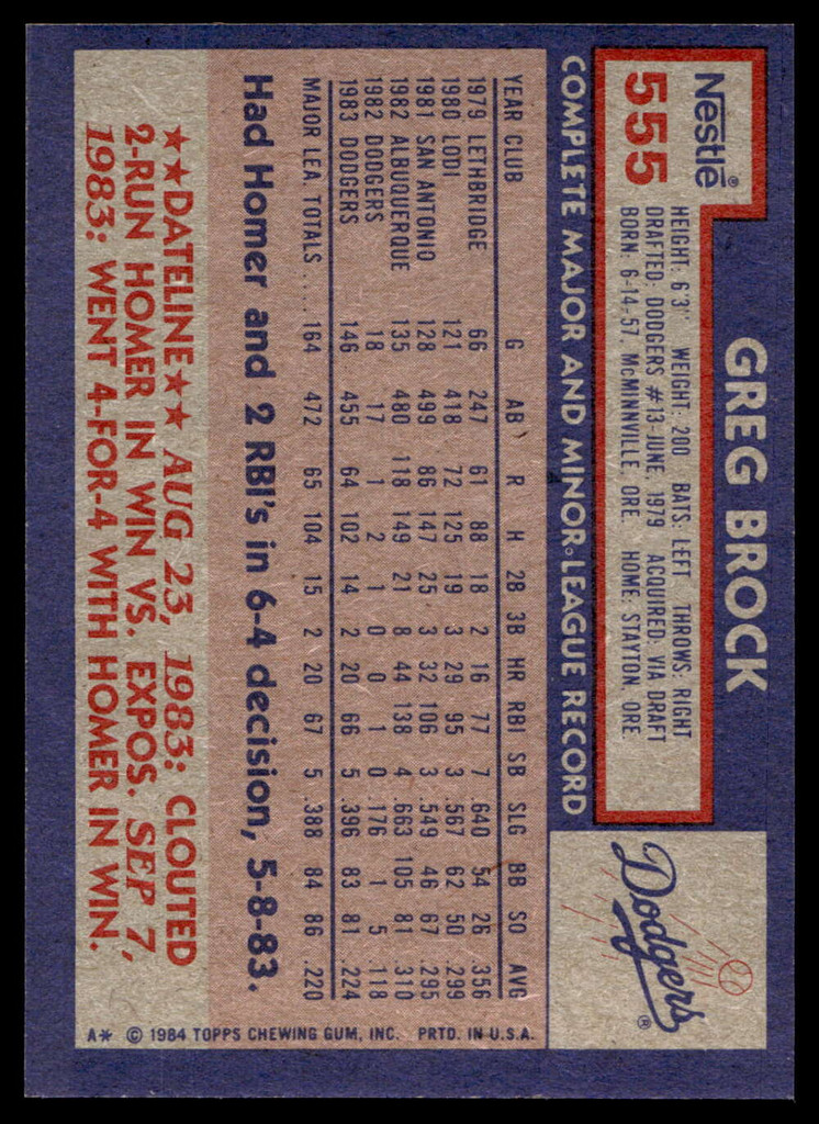 1984 Topps Nestle #555 Greg Brock Near Mint+ 