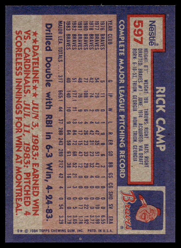 1984 Topps Nestle #597 Rick Camp Near Mint+ 