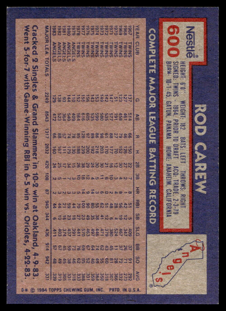 1984 Topps Nestle #600 Rod Carew Near Mint+ 