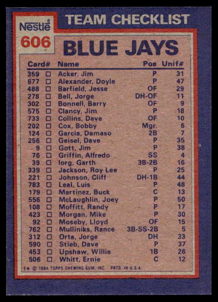1984 Topps Nestle #606 Lloyd Moseby/Dave Stieb Near Mint+ 
