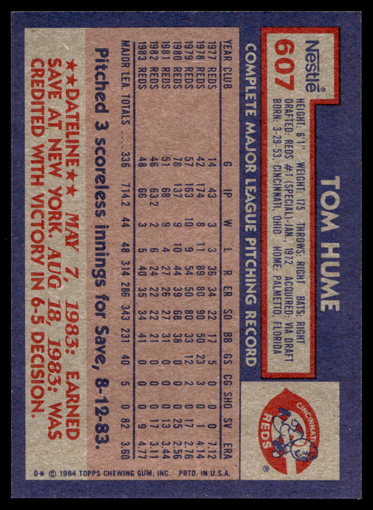 1984 Topps Nestle #607 Tom Hume Near Mint+ 