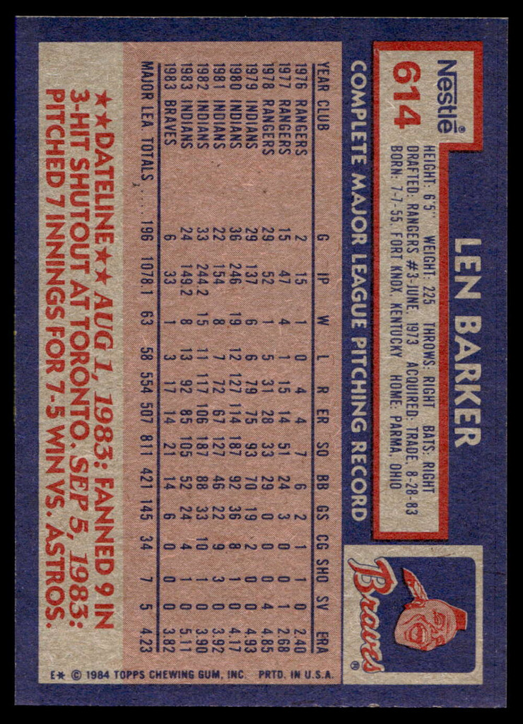 1984 Topps Nestle #614 Len Barker Near Mint+ 