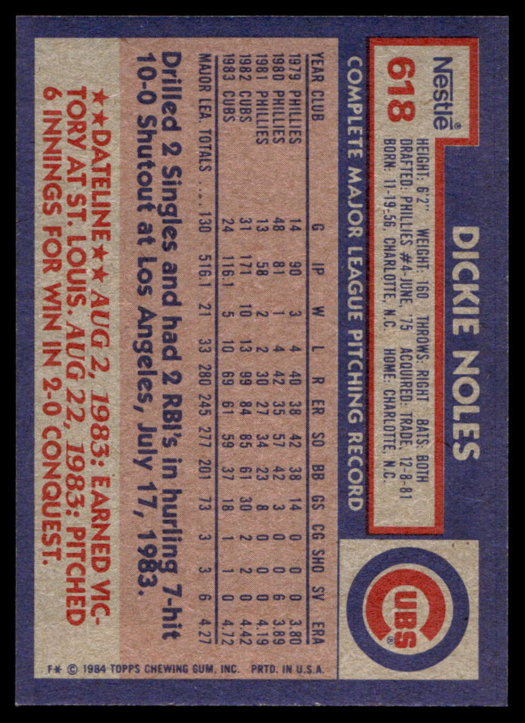 1984 Topps Nestle #618 Dickie Noles Near Mint+ 