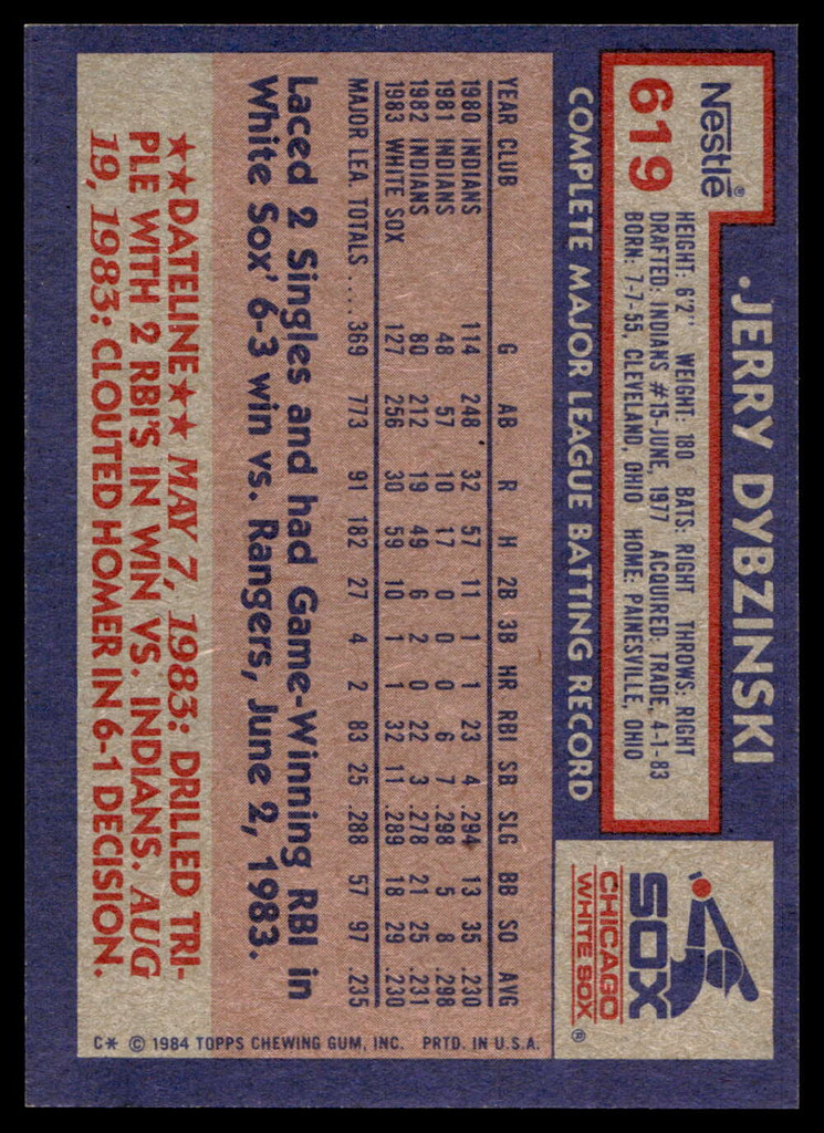 1984 Topps Nestle #619 Jerry Dybzinski Near Mint+  ID: 524646