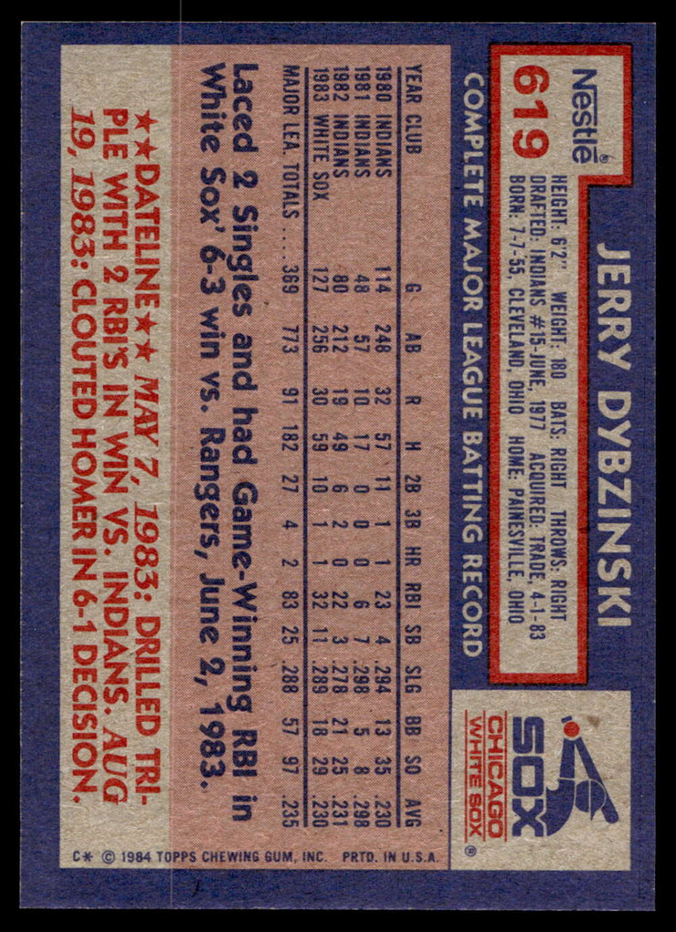 1984 Topps Nestle #619 Jerry Dybzinski Near Mint+  ID: 524647