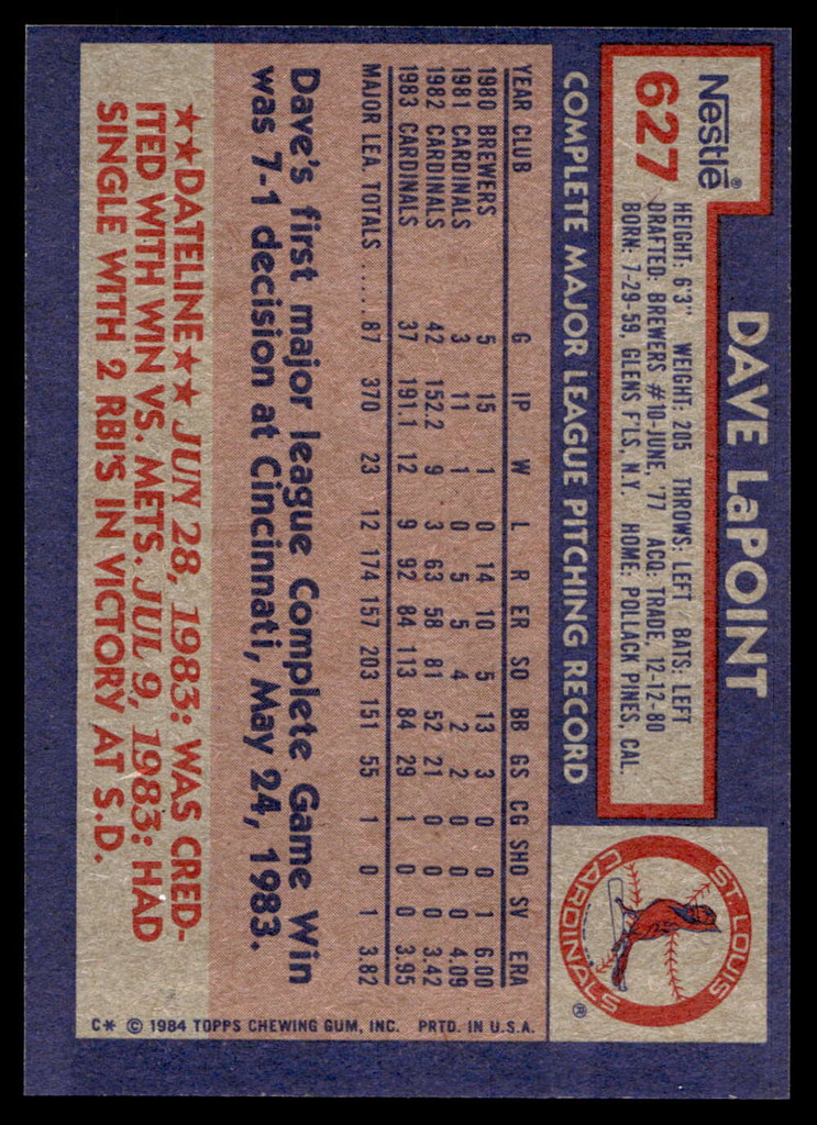 1984 Topps Nestle #627 Dave LaPoint Near Mint+ 