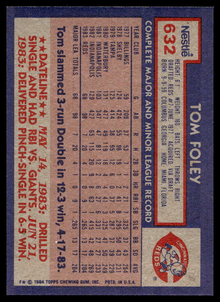 1984 Topps Nestle #632 Tom Foley Near Mint+ 