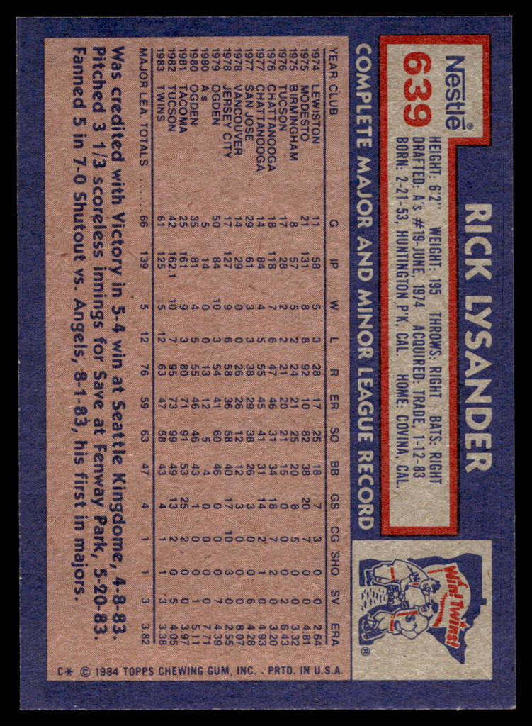 1984 Topps Nestle #639 Rick Lysander Near Mint+ 