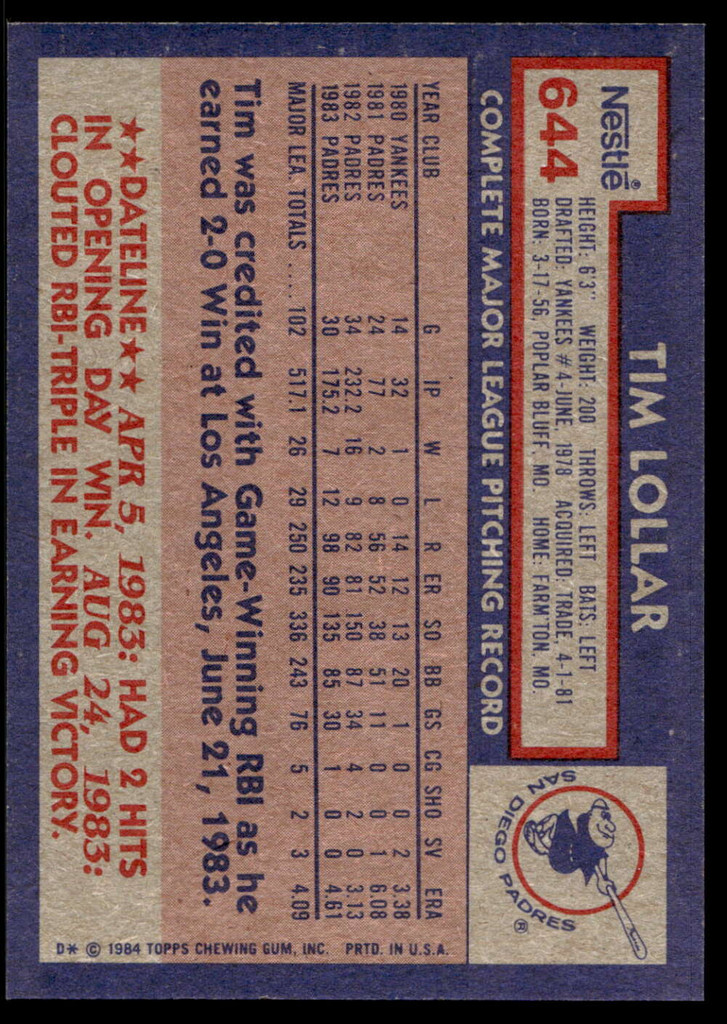 1984 Topps Nestle #644 Tim Lollar Near Mint+ 
