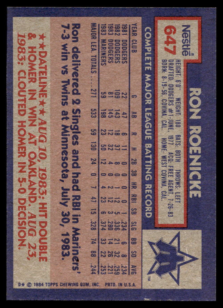 1984 Topps Nestle #647 Ron Roenicke Near Mint+ 