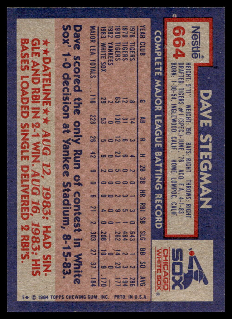 1984 Topps Nestle #664 Dave Stegman Near Mint+ 