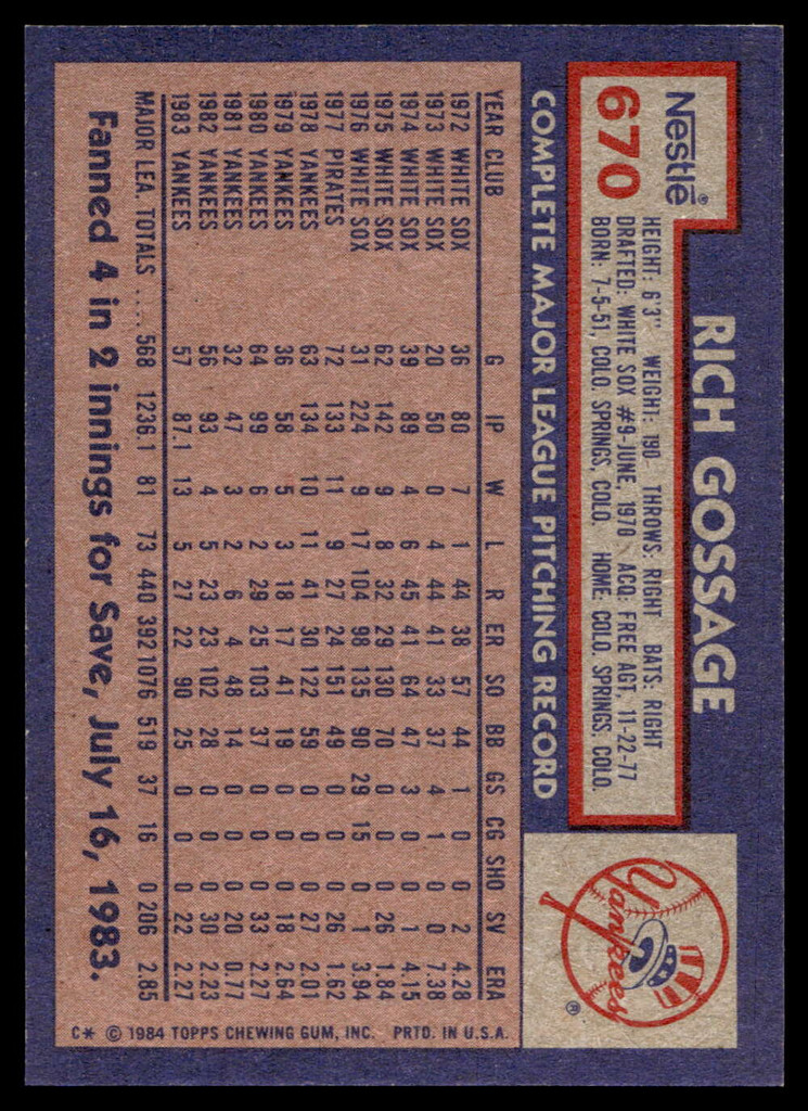 1984 Topps Nestle #670 Rich Gossage Near Mint+ 