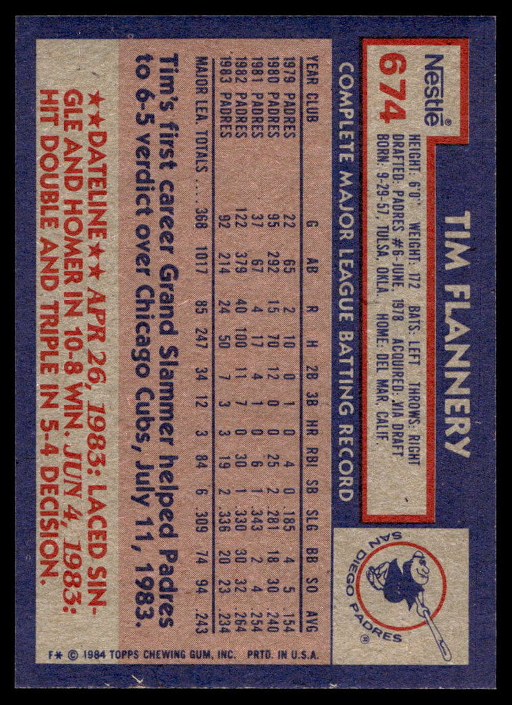 1984 Topps Nestle #674 Tim Flannery Near Mint+ 