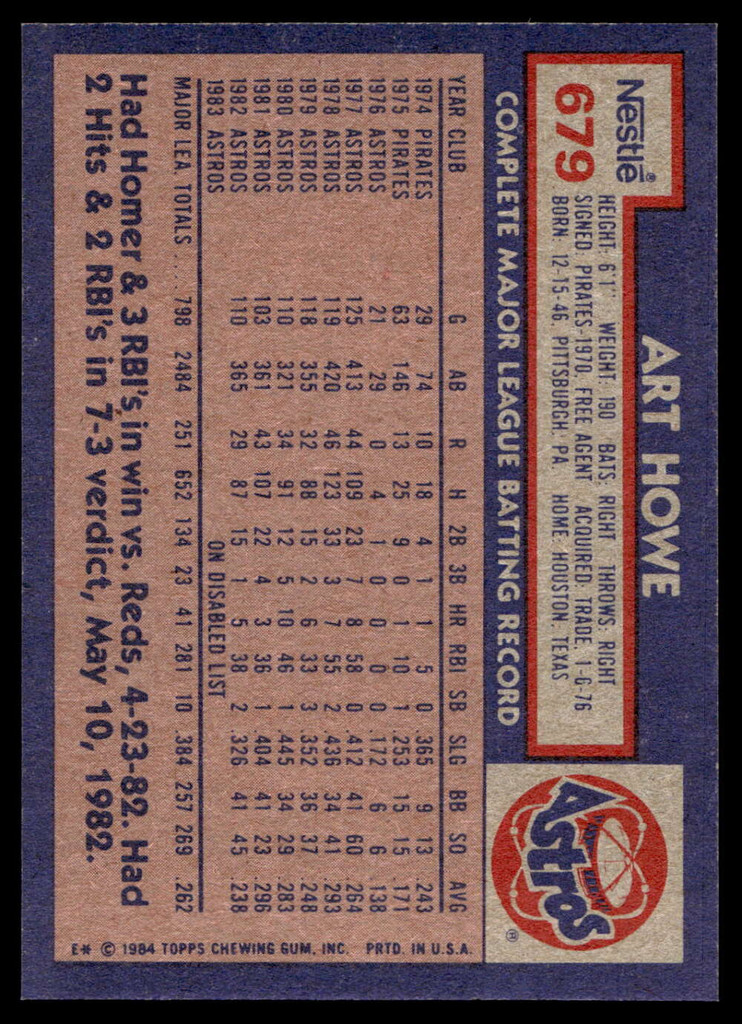 1984 Topps Nestle #679 Art Howe Near Mint+ 