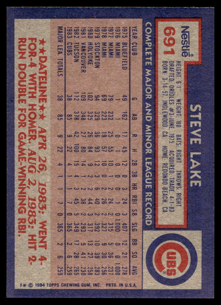 1984 Topps Nestle #691 Steve Lake Near Mint+ 