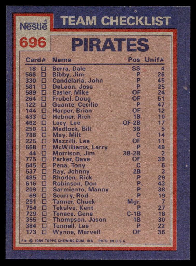 1984 Topps Nestle #696 Bill Madlock/Rick Rhoden Near Mint+ 