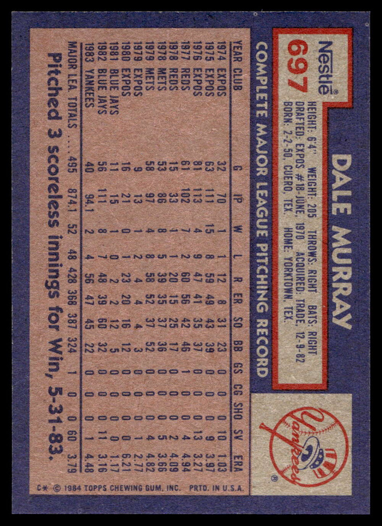 1984 Topps Nestle #697 Dale Murray Near Mint+ 