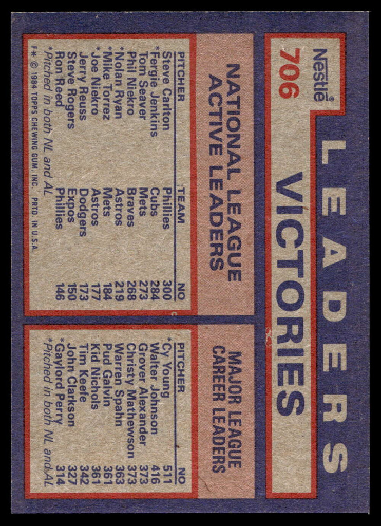 1984 Topps Nestle #706 Steve Carlton/Fergie Jenkins/Tom Seaver Near Mint+ 