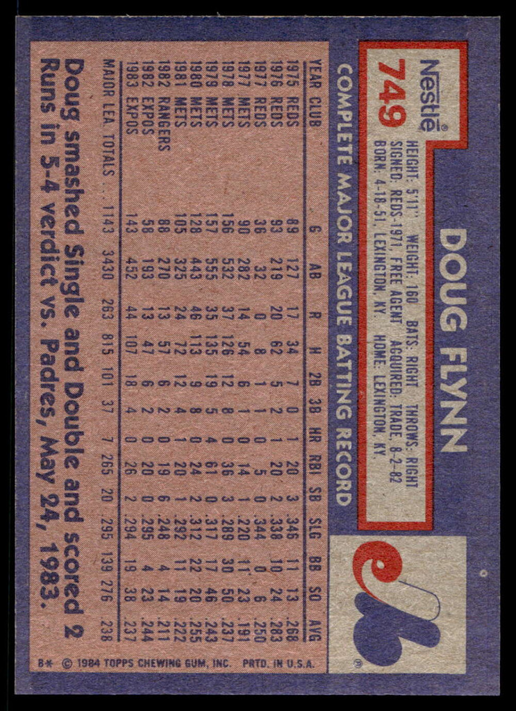 1984 Topps Nestle #749 Doug Flynn Near Mint+ 