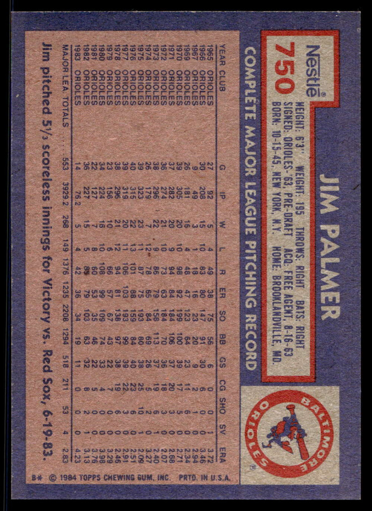 1984 Topps Nestle #750 Jim Palmer Near Mint+ 