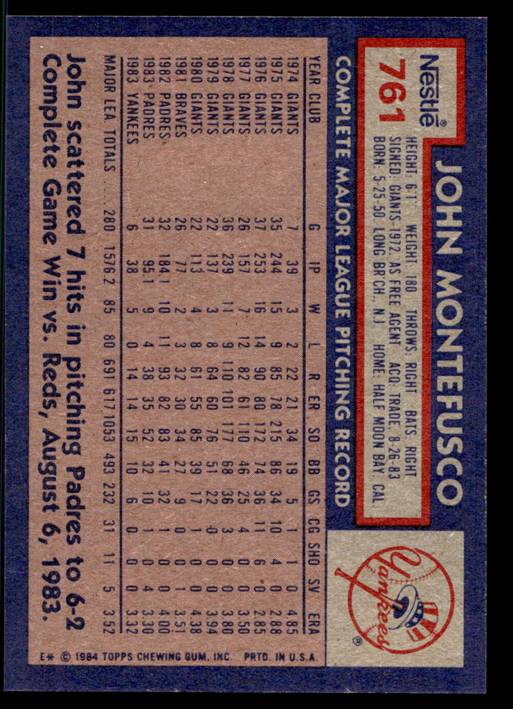 1984 Topps Nestle #761 John Montefusco Near Mint+ 
