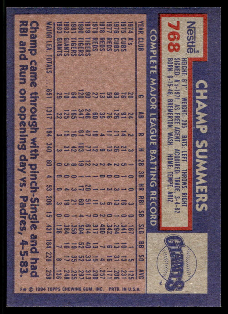 1984 Topps Nestle #768 Champ Summers Near Mint+ 