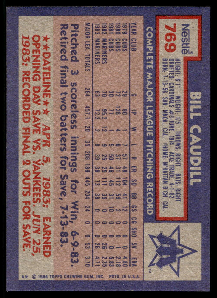 1984 Topps Nestle #769 Bill Caudill Near Mint+ 