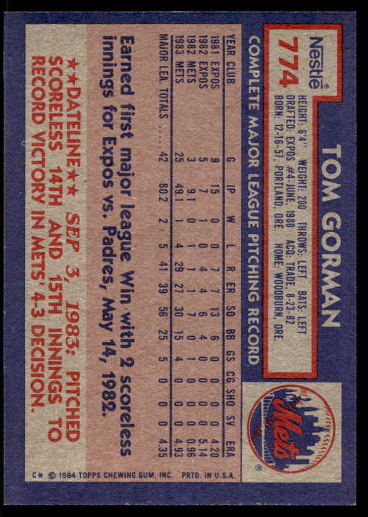1984 Topps Nestle #774 Tom Gorman Near Mint+ 