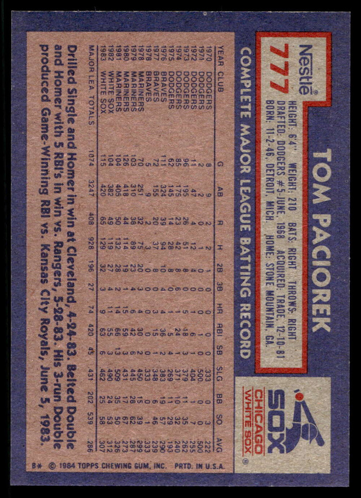 1984 Topps Nestle #777 Tom Paciorek Near Mint+ 