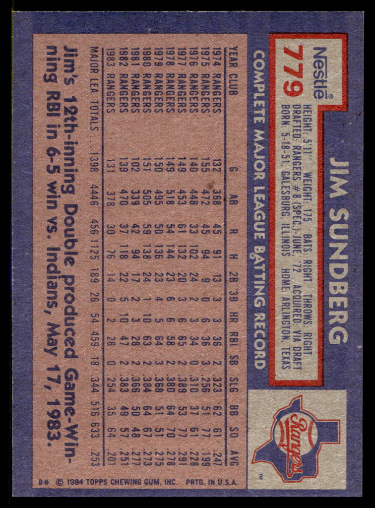 1984 Topps Nestle #779 Jim Sundberg Near Mint+ 
