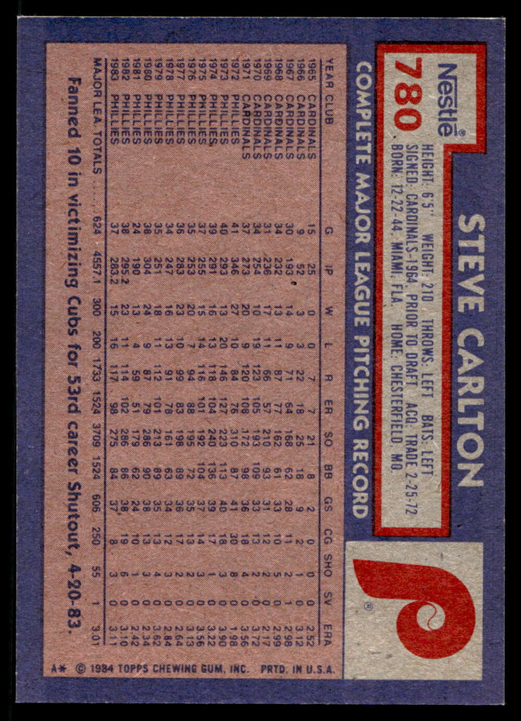 1984 Topps Nestle #780 Steve Carlton Near Mint+ 