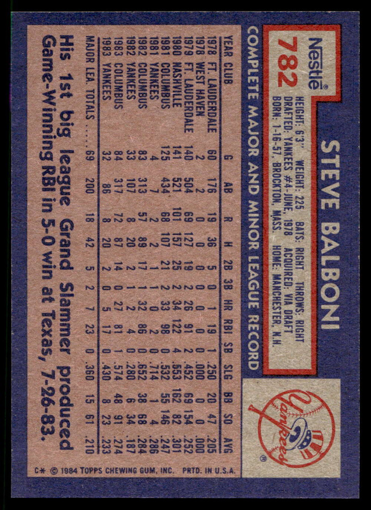 1984 Topps Nestle #782 Steve Balboni Near Mint+ 