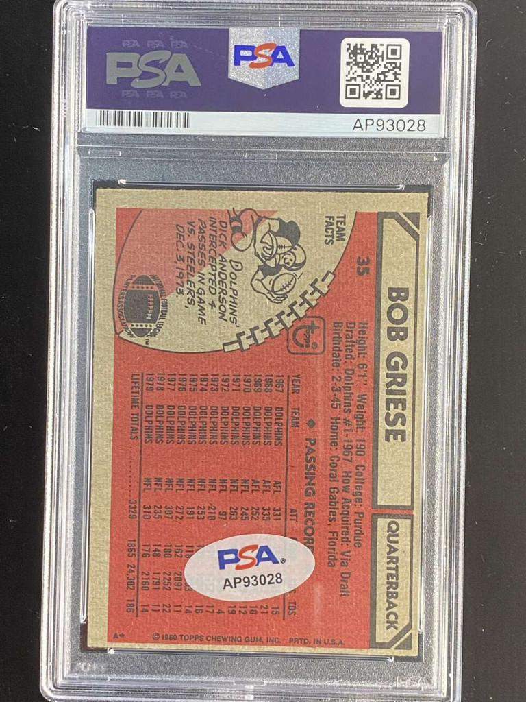 1980 Topps #35 Bob Griese Dolphins PSA Authenticated Signed