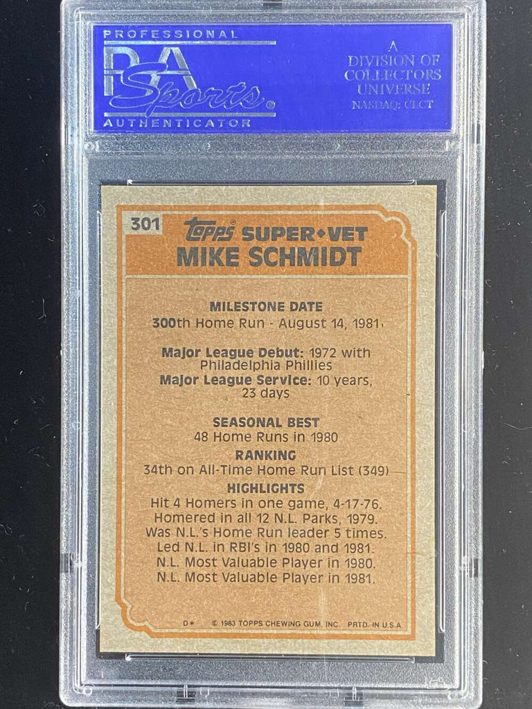 1983 Topps #301 Mike Schmidt Phillies PSA 9 Mint Super Veteran