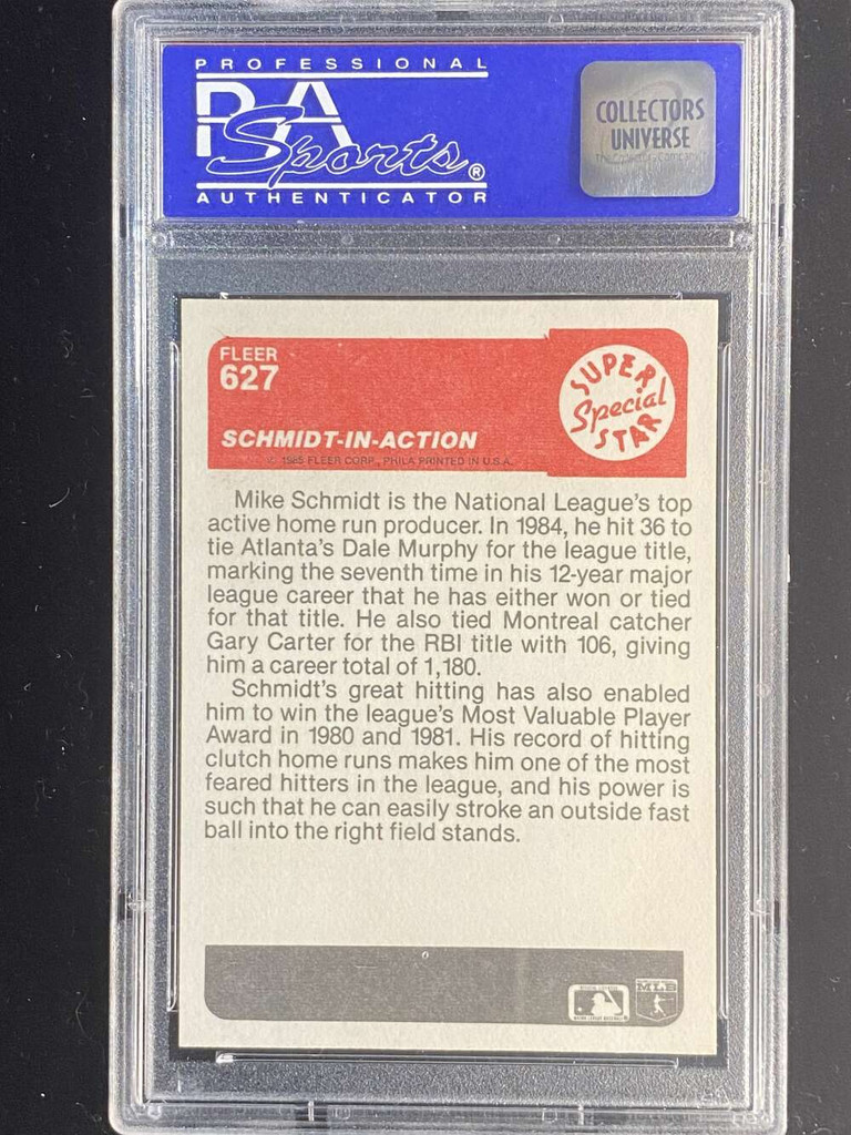 1985 Fleer #627 Mike Schmidt Phillies PSA 8 NM-Mint In Action Super Star Special