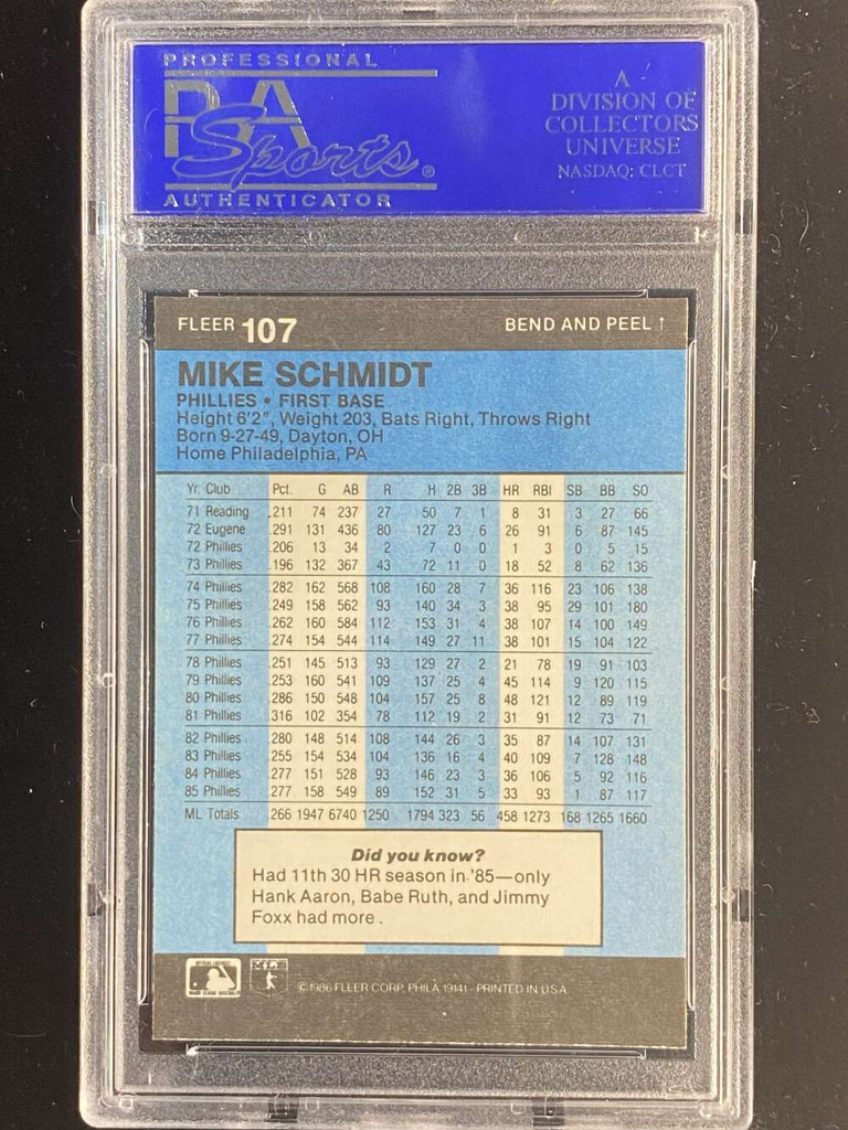 1986 Fleer Star Stickers #107 Mike Schmidt Phillies PSA 8 NM-Mint